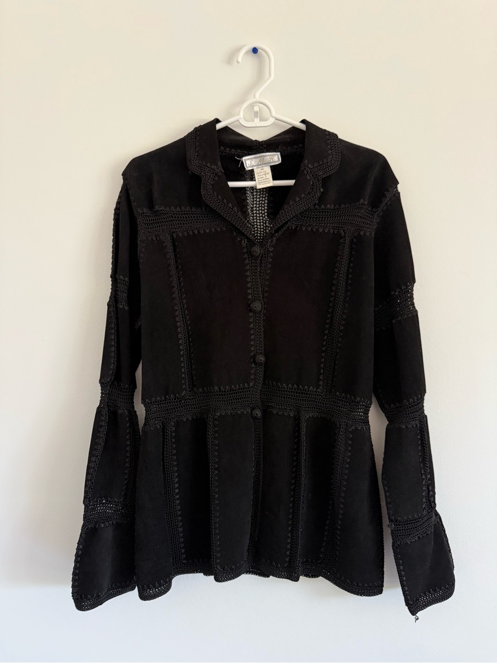 Black Suede Button-Front Jacket with Decorative Stitching - Size S